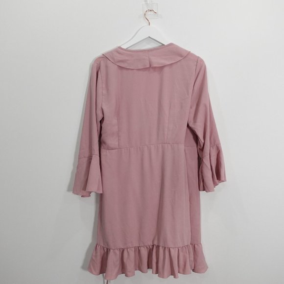 Pretty Little Thing Dress Size 10 V Neck Mini Wrap Flared Ruffle Casual Pink - Picture 7 of 8